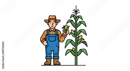 A cheerful cartoon farmer in blue overalls and a straw hat stands next to a tall corn stalk, holding a single ear of corn.