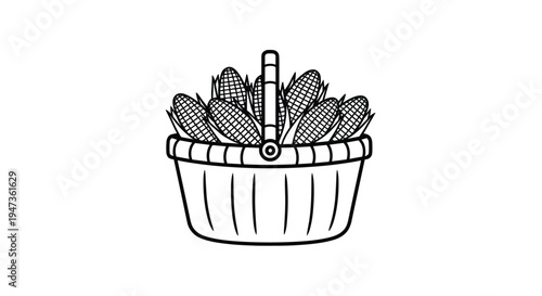 A black and white outline drawing shows a picnic basket with a handle, completely filled with numerous ears of corn on a white background.