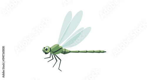 A single cartoon-style green dragonfly with translucent wings and large eyes is depicted in a side profile on a clean white background.
