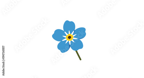 A solitary stylized blue forget-me-not flower with a yellow center and a short green stem is presented on a clean white background.