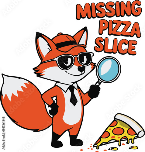  Fox detective investigating missing pizza slice crime scene, humorous cartoon mascot, bold thick outline, sticker style, white background