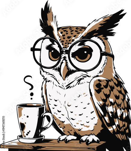 Owl philosopher questioning life while staring at empty coffee cup, dark humor cartoon mascot, bold thick outline, sticker style, white background 2