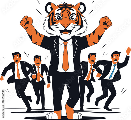 Tiger startup founder celebrating idea while investors run away, ironic cartoon mascot, bold black outline, minimal vector sticker, white background