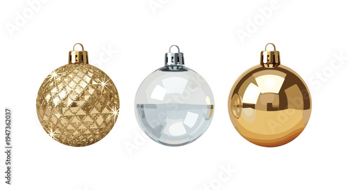 Three distinct Christmas ornaments, including a textured golden one, a transparent glass one partially filled with liquid, and a smooth shiny golden one, are displayed horizontally.