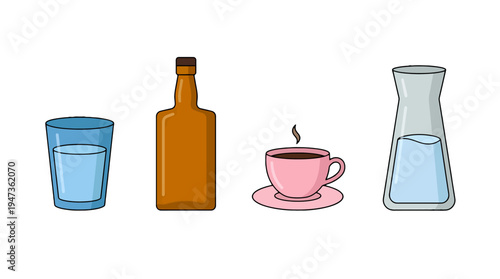 Assortment of cartoon beverage containers water glass brown bottle pink coffee cup and water carafe.