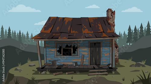 Abandoned rustic cartoon cabin with peeling blue paint rusty metal roof broken window and cracked brick chimney.