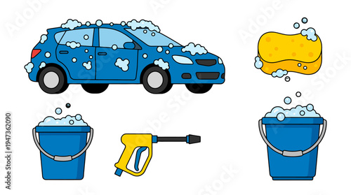 Blue Car Washing Supplies Illustration with Sudsy Vehicle Sponge Buckets and Pressure Washer.