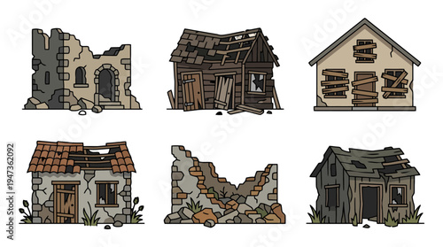 Cartoon set of dilapidated buildings and ruins featuring weathered wooden shacks crumbling stone houses and broken walls.