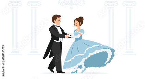 A smiling cartoon couple, elegantly dressed in a blue ruffled ball gown and a black tuxedo, dances gracefully in a grand hall with classical pillars and a chandelier.