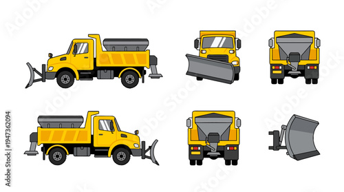 Bright yellow snow plow truck with salt spreader detailed vector illustration multiple views.