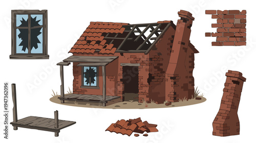 Cartoon Dilapidated Brick House with Broken Roof Shattered Windows and Crumbling Chimney.