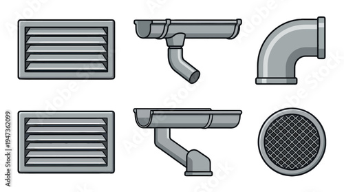 Cartoon style grey metal plumbing and ventilation components vents gutters pipes and drain grate.