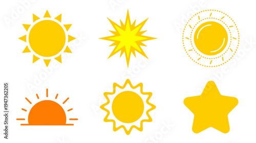 Diverse yellow and orange sun and star vector icons set featuring various styles like dotted spiky and wavy rays.