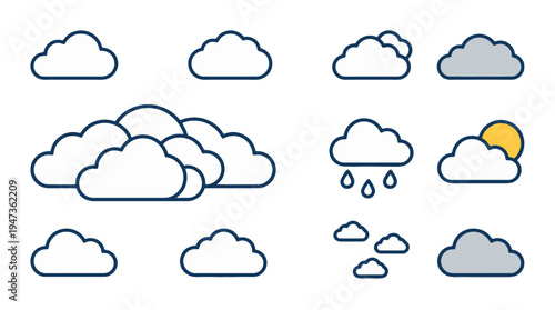 Diverse Weather Cloud Icons Collection with Outlines and Fills for Forecast Graphics.