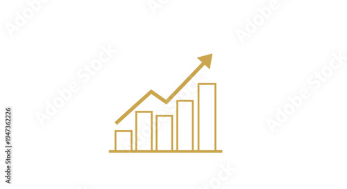 A minimalist line art illustration shows a golden bar chart with five ascending vertical bars and an upward-trending line graph on a white background.