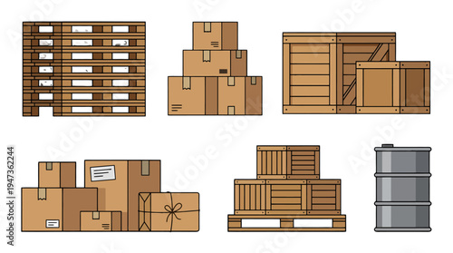 Flat design vector illustration of logistics and delivery items wooden pallets cardboard boxes crates and metal barrel.