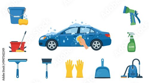 Flat illustration of a blue sedan car being handwashed with a yellow sponge covered in white soap bubbles and water droplets.