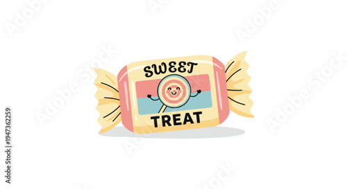 A pastel-colored candy wrapper with crimped ends displays SWEET TREAT text and a smiling lollipop character on a label, all on a white background.