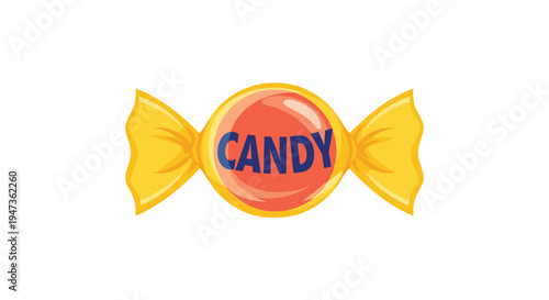A vibrant yellow candy wrapper, twisted at its ends, encases a round orange-red confection with CANDY text in blue, all on a white background.