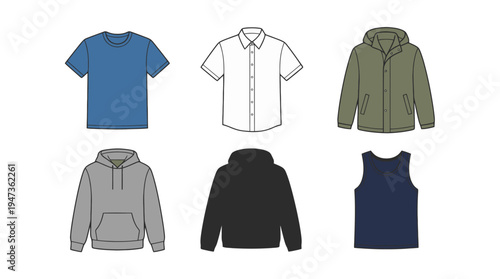 Flat technical drawings of mens casual wear blue tshirt white shortsleeve shirt olive jacket grey hoodie black sweatshirt navy tank top.