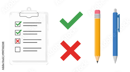 Flat vector office supplies set checklist clipboard yellow pencil blue pen green checkmark and red cross symbols.