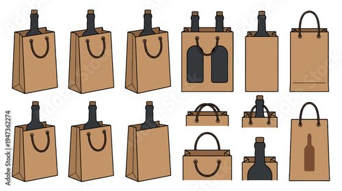 Illustrated set of brown kraft paper wine bags with dark bottles and corks including empty bags and various designs.
