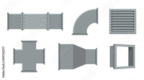 Grey flat design ventilation duct components straight elbow cross reducer vent grille and square opening for HVAC systems.