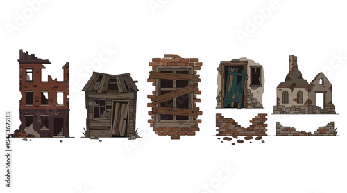 Illustrated set of dilapidated brick and wooden structures featuring crumbling walls broken windows and boardedup elements.