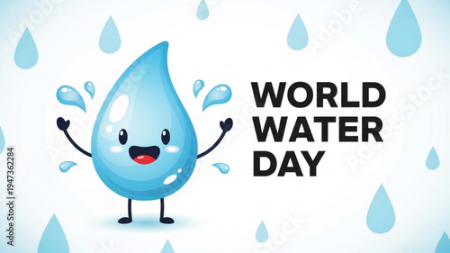 Cute World Water Day poster with happy water drop character and eco awareness theme