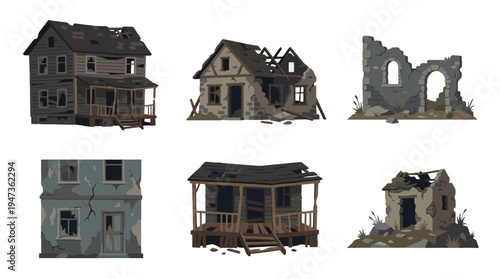 Illustrative set of six dilapidated crumbling and abandoned buildings with broken windows damaged roofs and weathered textures.