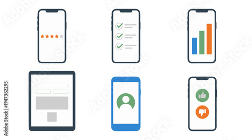 Modern mobile devices displaying diverse app interfaces star ratings checklists bar charts forms user profiles and feedback icons.