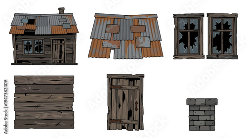 Weathered cartoon shack and rustic building elements featuring broken windows rusty corrugated metal roof and distressed wood textures.
