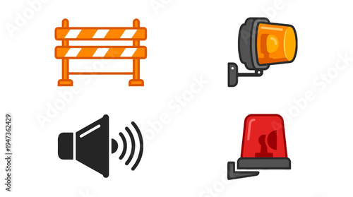 Vibrant Flat Design Warning Icons Set Construction Barrier Orange Beacon Speaker Red Siren Bold outlines.