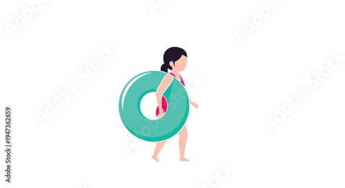 A simplified illustration shows a person in a pink swimsuit carrying a large teal inflatable swimming tube while walking across a plain white background.