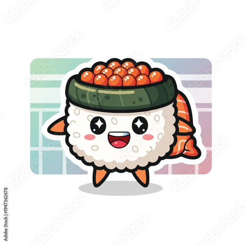 A cheerful cartoon sushi character with a green seaweed hat and orange fish tail, standing on a colorful brick wall background. Perfect for food illustrations, restaurant menus, and