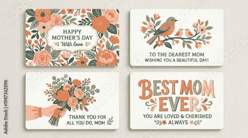 Mother's day greeting cards with floral designs bird illustration heartfelt messages and warm color accents for celebration