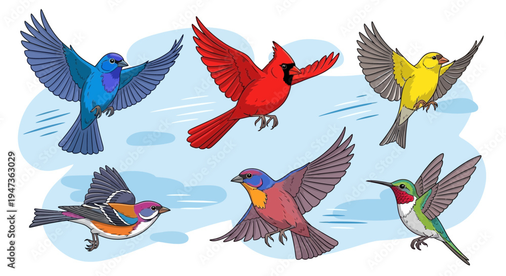 Obraz premium Diverse Birds Flying Together: Cardinal, Bluebird, Hummingbird, Finch, and Others