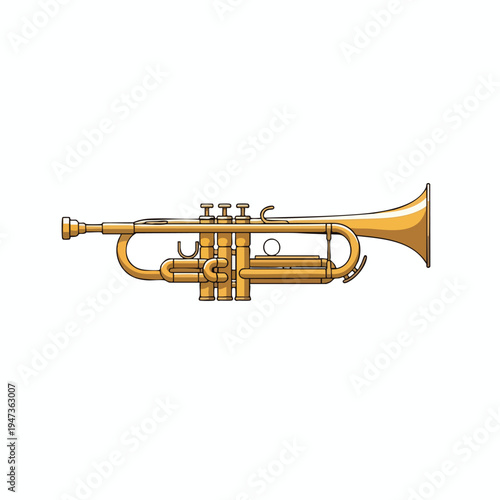 Gleaming golden brass trumpet with three valves and bell, isolated on white