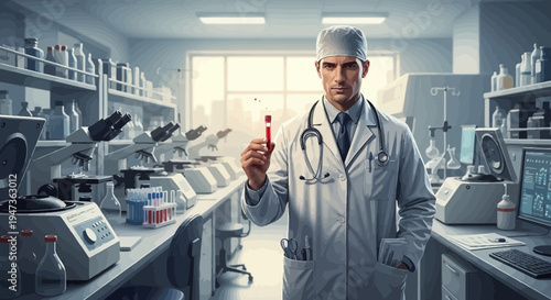 Doctor Holding Blood Sample in Modern Laboratory