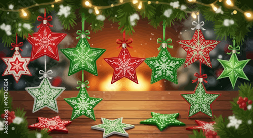 Festive Christmas Ornaments Hanging and Scattered on Wooden Surface with Fireplace