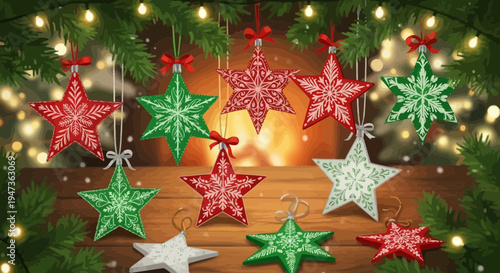 Festive Christmas Stars Decorations Hanging by Fireplace with Twinkling Lights