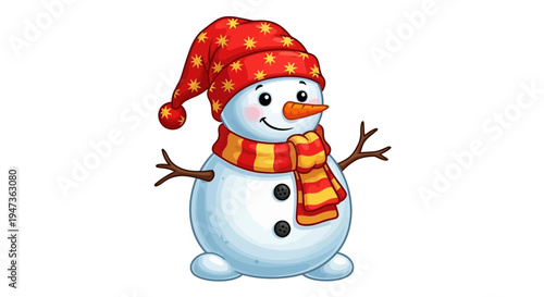 Cute Snowman Wearing Hat and Scarf, Winter Character, Christmas Cartoon