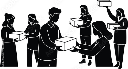 Eid al adha celebration and sacrifice concept with people sharing food boxes