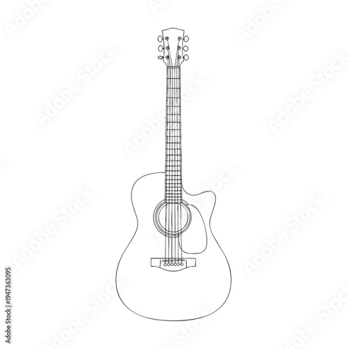A detailed outline drawing of a six-string acoustic guitar with a cutaway