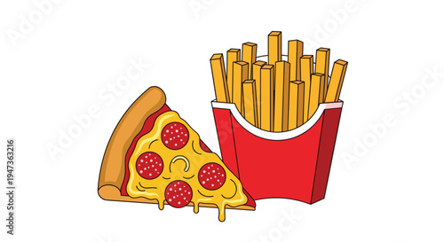 A single slice of pepperoni pizza with melted cheese is positioned next to a tall red carton of golden french fries on a clean white background.