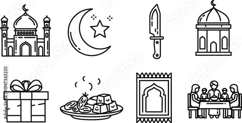 Eid al adha celebration icons featuring mosque crescent moon and traditional festive elements
