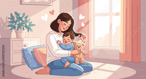 Mother Cuddling Baby Son with Teddy Bear in Sunlit Cozy Room