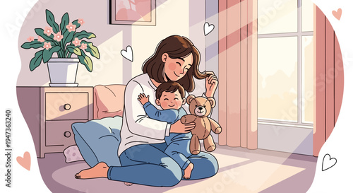 Motherhood joy, mother holding baby boy with teddy bear, warm light, cozy home