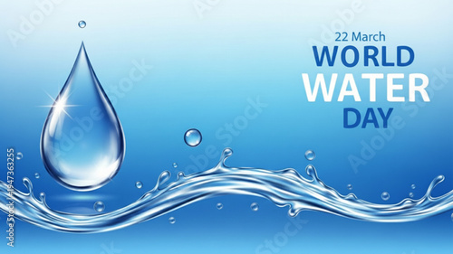 Poster's campaign of world water day with glass droplet and transparent pure water with wording of World water day, example texts on blue background.
