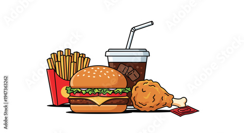 A classic fast-food meal with a cheeseburger, french fries, soda, and fried chicken drumstick is arranged on a white background.